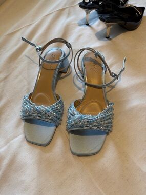 Badgley Mischka Light Blue Pearl-Embellished Ankle-Strap Heels